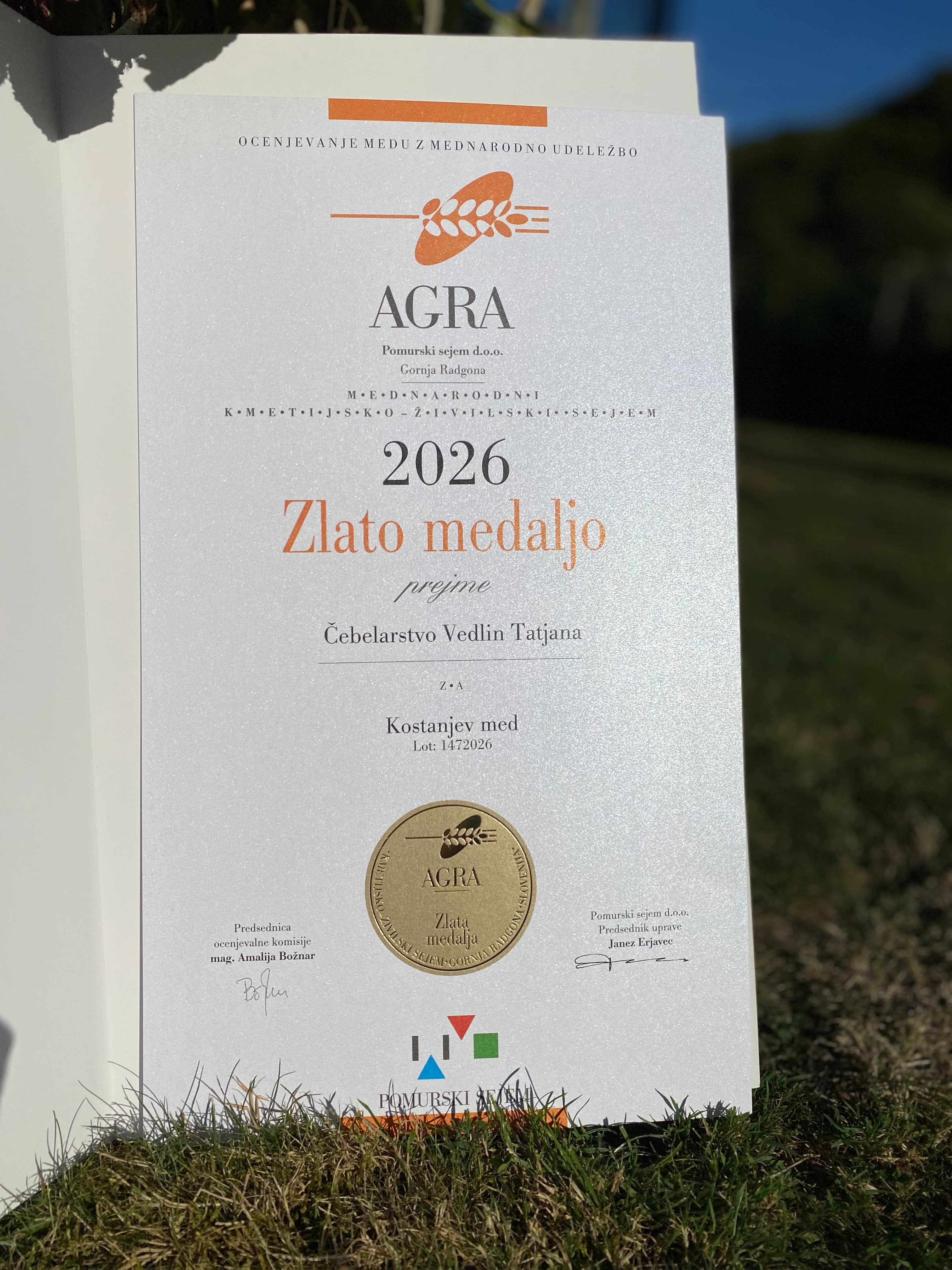 Diploma iz leta 2026: zlato priznanje za kostanjev med
