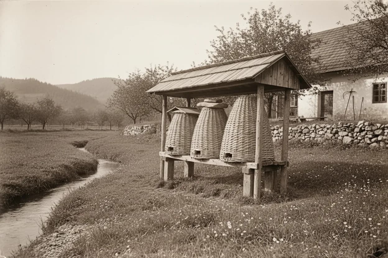Arhivska fotografija prvih domačih panjev ob potoku za hišo v Preši